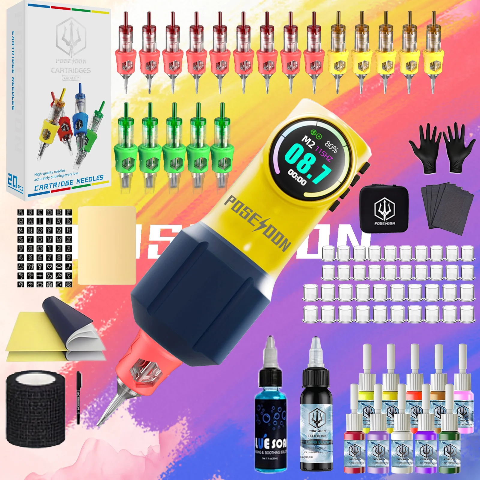 

Набор для татуировки POSEIDON, желтый набор ручек для татуировки для перманентного макияжа, набор тату-машин, беспроводной источник питания для татуировки, набор тату-пистолетов