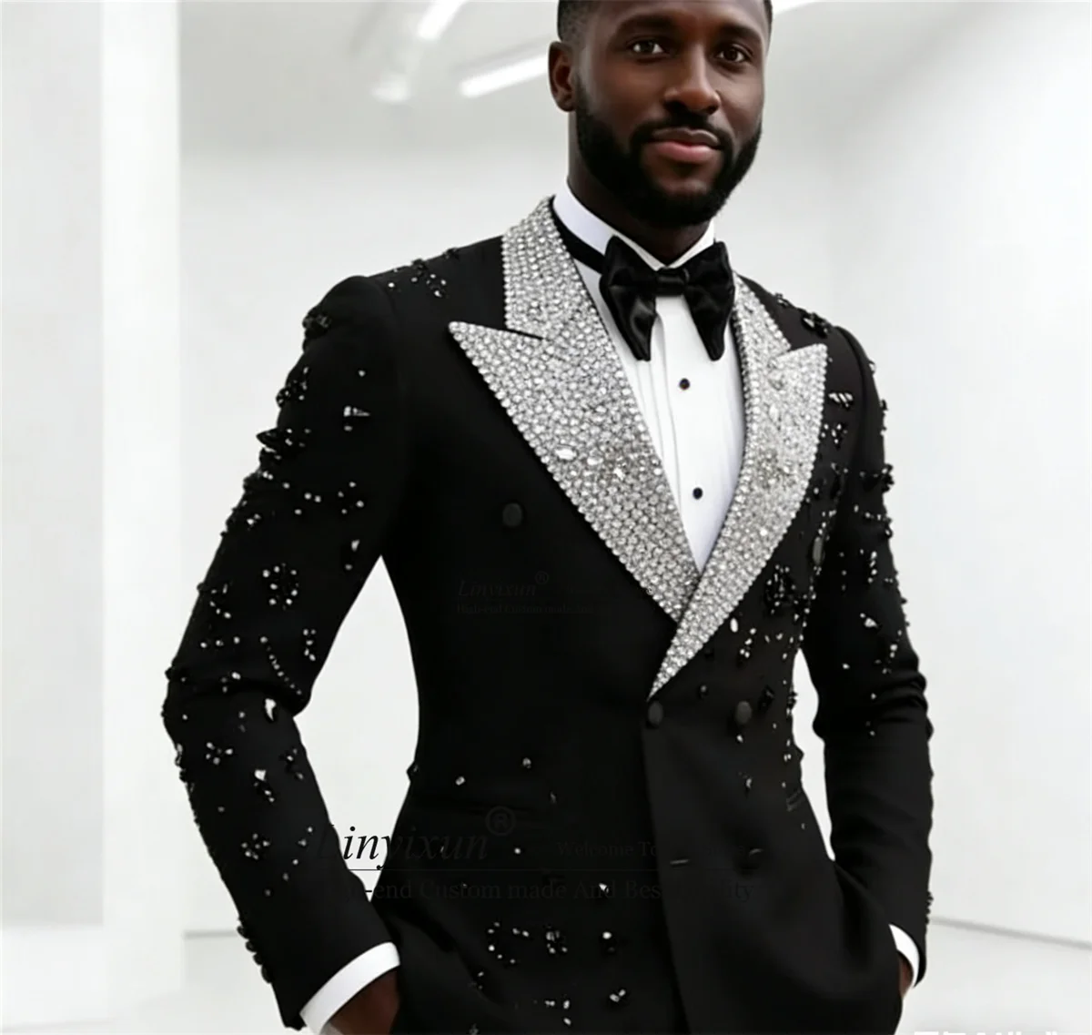 

Luxury Ornament Crystals Men Suit Customized Glitter Lapel Groom Party Male Blazers 2 Pieces Set Slim Wedding Party ropa hombre