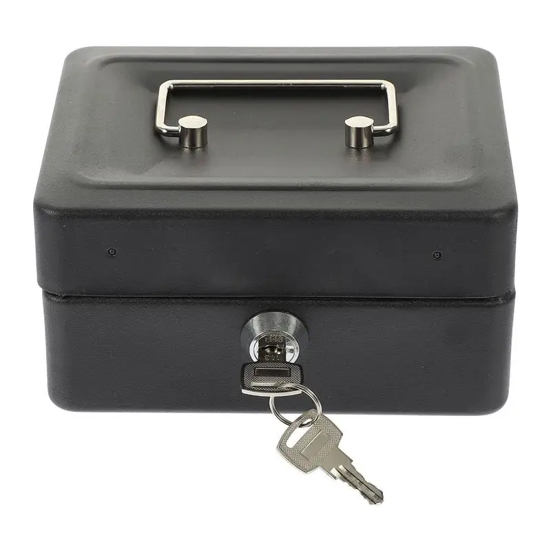 Storage Box with Lock Iron Case Security Cabinet Coin Tray Small Holder Desktop Container Black Cash