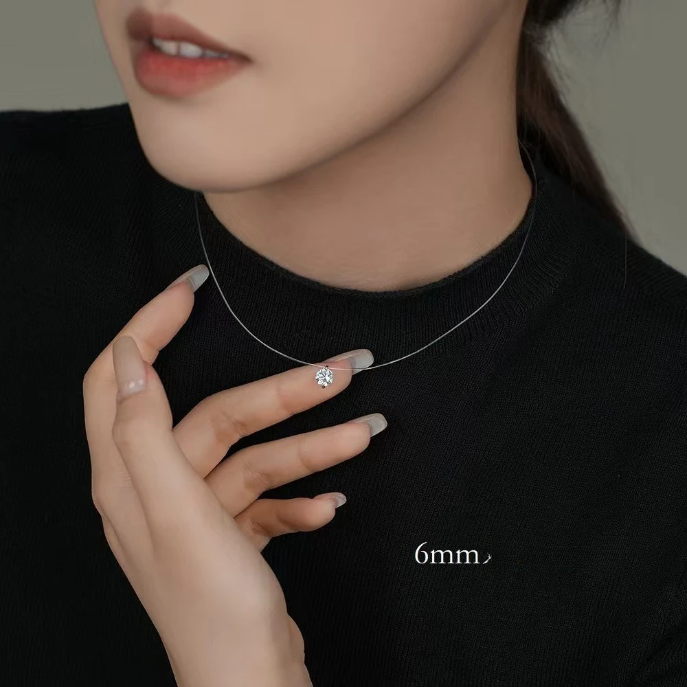 Exquisite Temperament Moissanite Zircon Pendant Transparent Invisible Fishing Line Necklace for Women Luxury Charm Jewelry Gifts