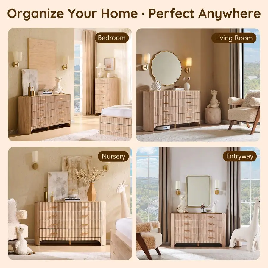 8-lade dressoir voor slaapkamer met gebogen profiel, rietvoorpanelen, 53,9 brede ladekast opbergkast met gladde gl