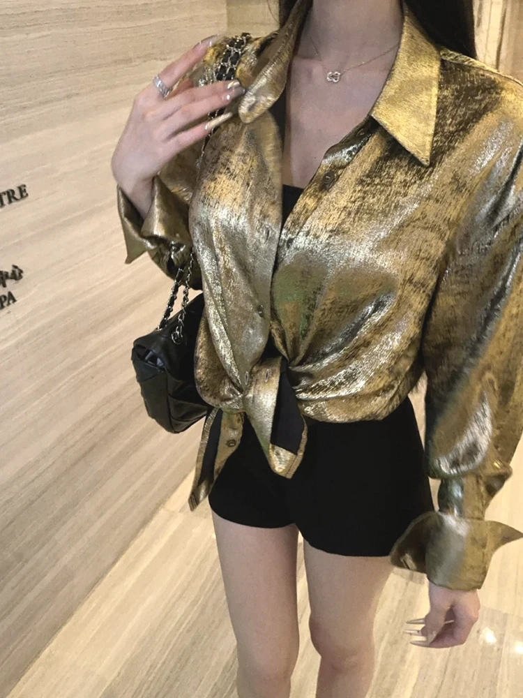 ADAgirl Y2k Golden Color Shirt Female Long Sleeve Luxury Elegant Blouse Women  Button Up Oversized Casual Spring Autumn Top Chic