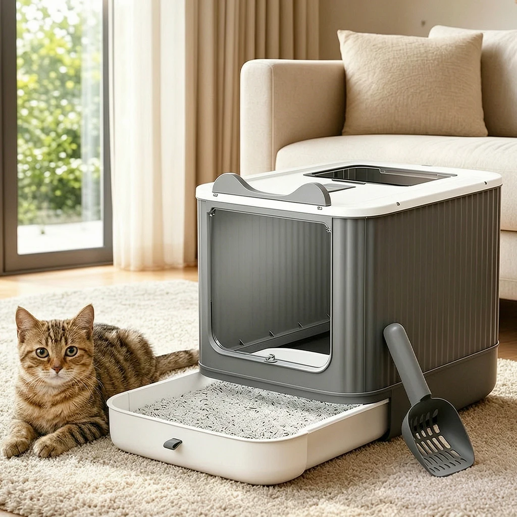 Kattenbak extra groot, spatwaterdicht, volledig afgesloten kattentoilet, sterilisatie, geurverwijderaar, lade, kattenbak, kattenbak