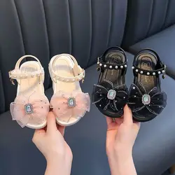 Children's Sandals Summer Princess Lace Bow 2024 New Girls High Heels Little Girls Soft Sole Sandals Black Pink