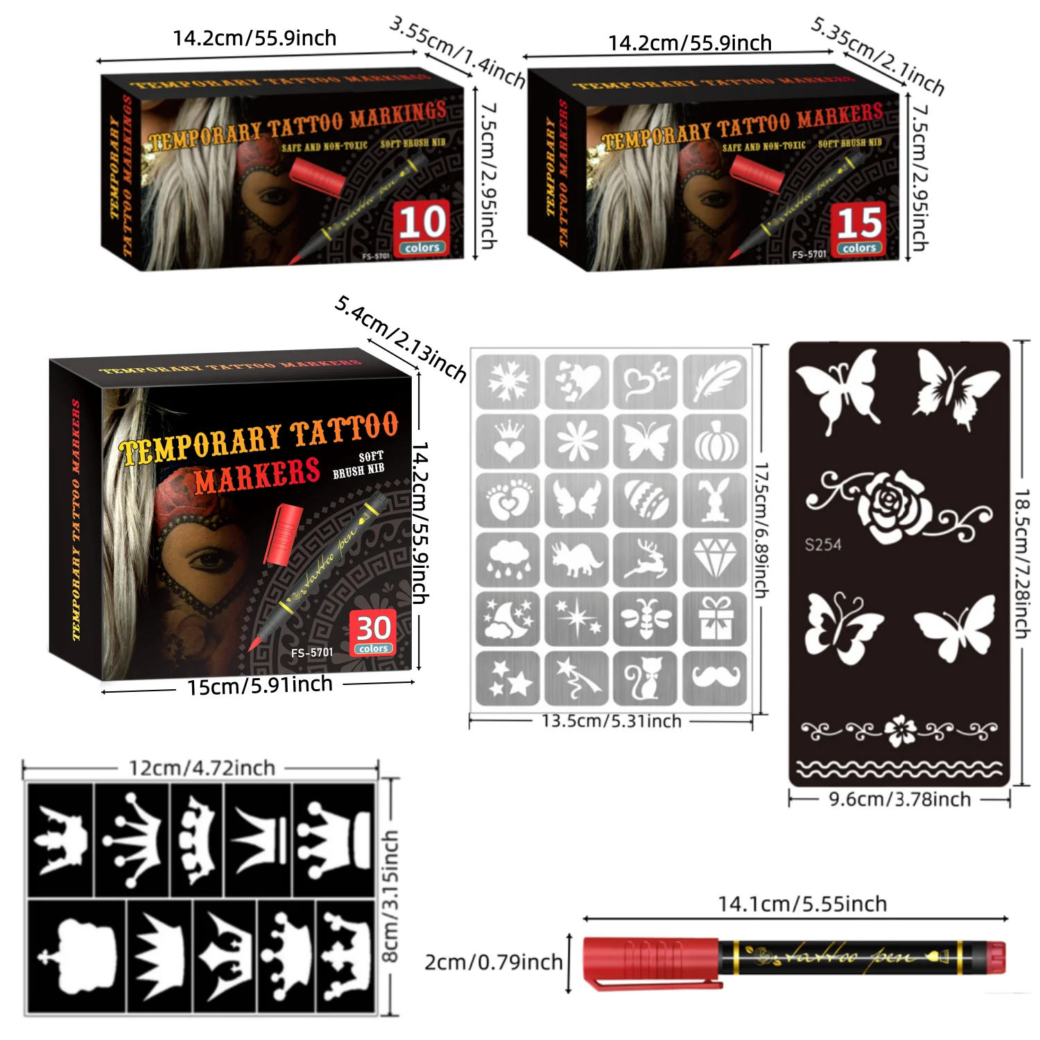 علامات الوشم المؤقت للبشرة، 10 ألوان أقلام الوشم، طرف الفرشاة، الألوان الزاهية، مجموعة طلاء الوجه جودة مستحضرات التجميل، مكياج الهالوين #6