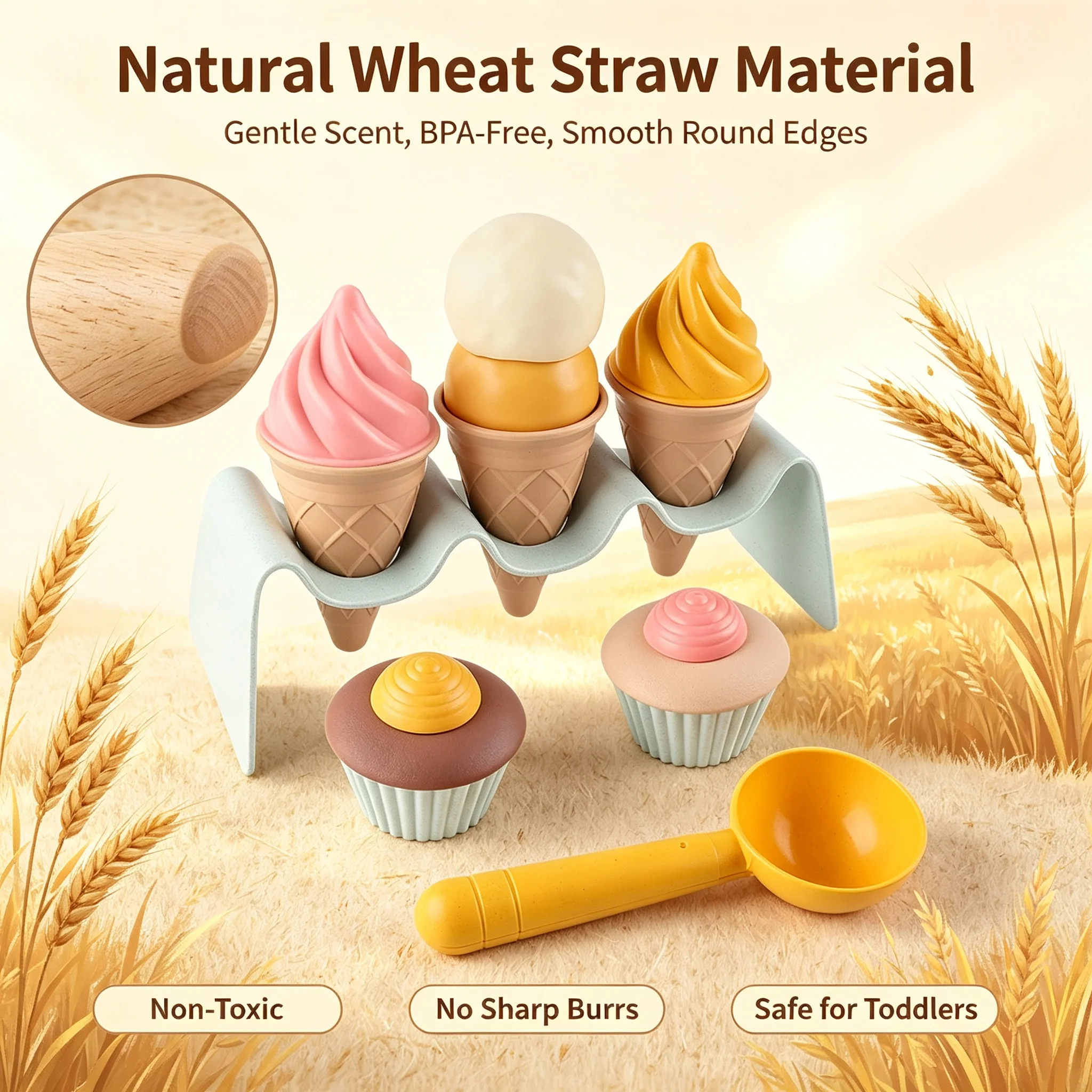 Kids Wheat Straw Ice Cream Beach Toy ,Sand & Clay Mold,Pretend Play House Set, Toddler Sensory Food Play Gift Boys Girlset