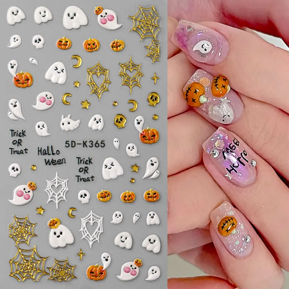 1/2個入り 可愛い黒猫＆パンプキンネイルスライダー 5Dエンボス加工 漫画ゴーストスパイダーの足 ネイルチャーム ホイル ハロウィン DIY 韓国ネイルパーツ