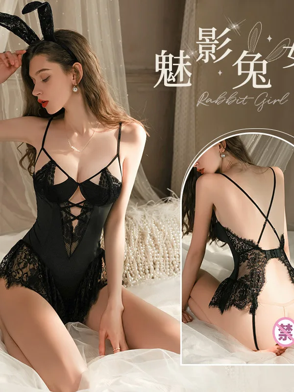 Lace Naked Back Open Crotch Rabbit Girl Underwear Body Suits Deep V-neck Hollowing Out Black Slim Appear Thin Summer 4LVN