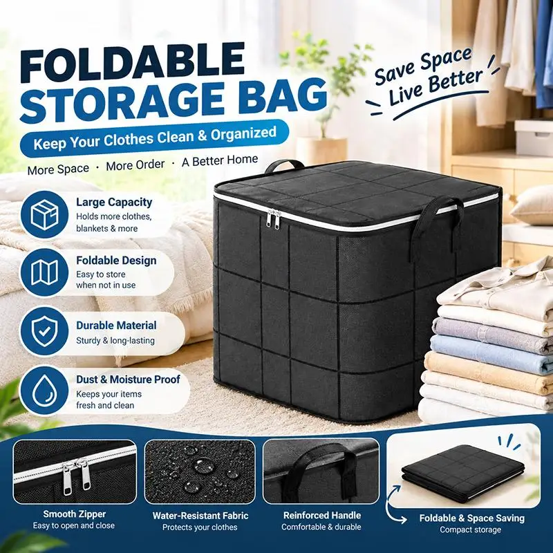 Large Capacity Fabric Storage Bag With Double Zipper Wide Opening Sturdy Handles For Home Clothes Bedding Organizing