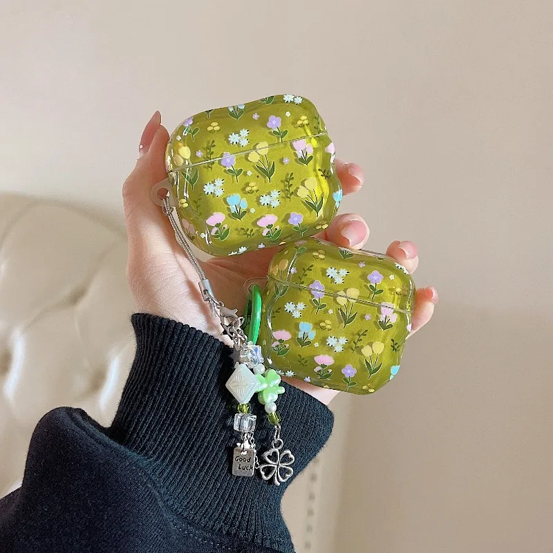 

Green Floral Transparent Case for AirPods Pro3 Pro 2 Soft TPU Protective Earphone Cover with Pendant for AirPods 4 2 3