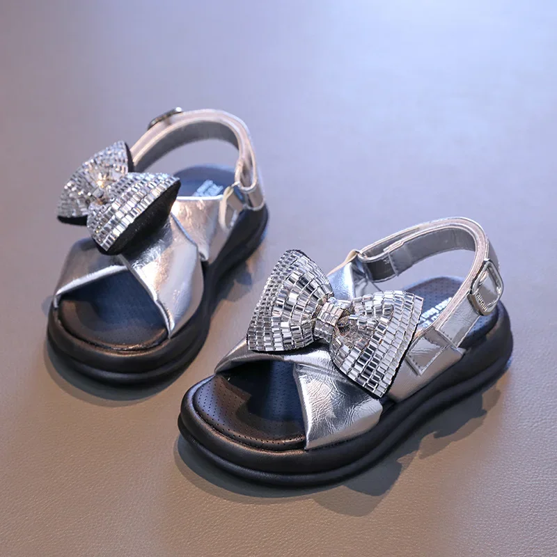 

Children's Sandals Fashion Sequins Bow Knot Girls' Princess Shoes 2025 Summer New Soft Bottom Kid's Casual Beach Shoes Silver