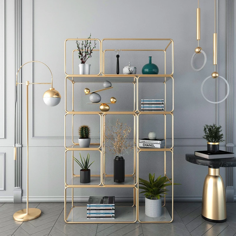 Living room shelf partition wrought iron Nordic bookshelf entrance floor storage rack modern wall shelf light luxury