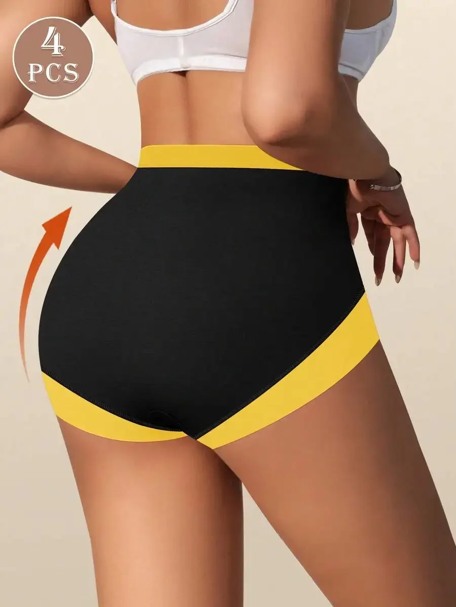 

4 Pcs Womens High Waist Boyshorts Cotton Briefs Soft Comfortable Contrast Color Tummy Control
