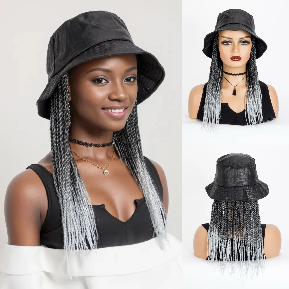 Ombre nero e argento 14 pollici grigio Senegalese Twist intrecciato estensioni dei capelli con cappello a secchiello parrucche berretto da Baseball per le donne