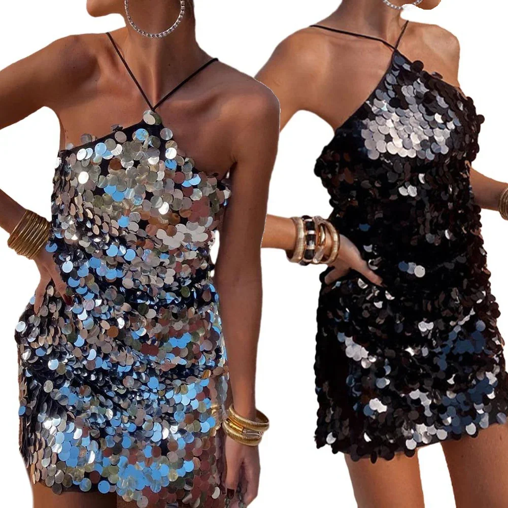 Women's Sexy Shiny Metallic-Sequin Halter Dress Sleeveless Round Neck Bodycon Mini Dresses Summer Female Glitter Party Rob