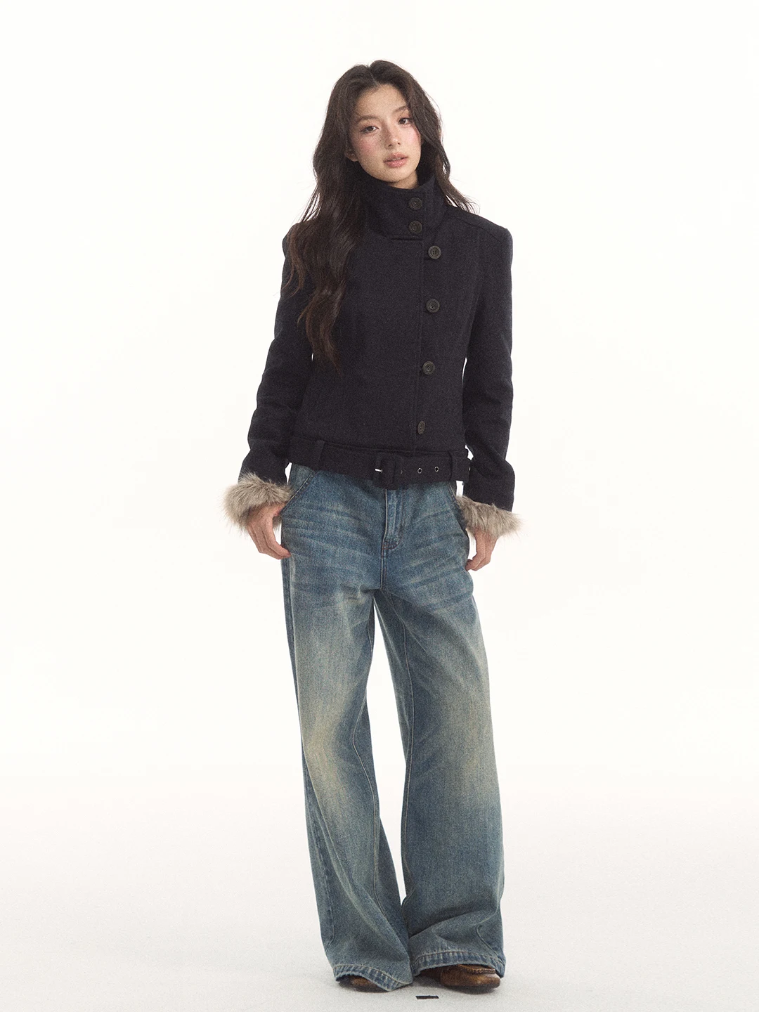 7Shiftin Original Design Detachable Fur Collar Angle Buttoned Outerwear Autumn Winter New Style Versatile Atmosphere Top for ...