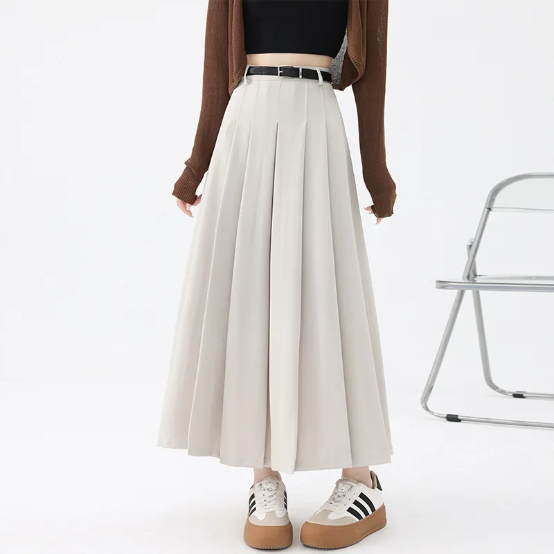 

Vintage Skirts Beige High Waist Pleated Skirts Women Fashion College Style Long Office Ladies Autumn Casual A-line Long Skirts
