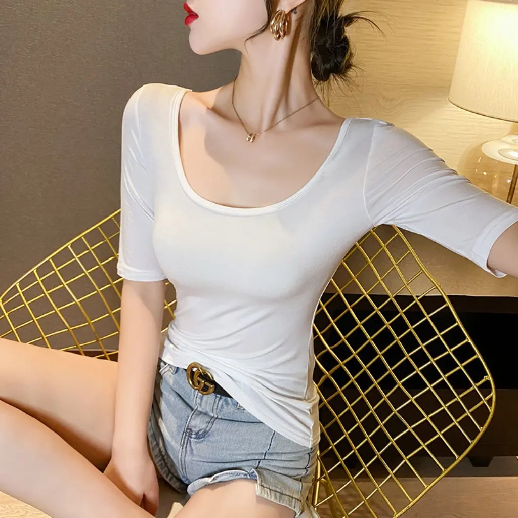 

Women's Slim Fit Stretch T-Shirt Modal Double U-Neck Summer Quarter Sleeve Ice Top Plaid Bottoming Shirt