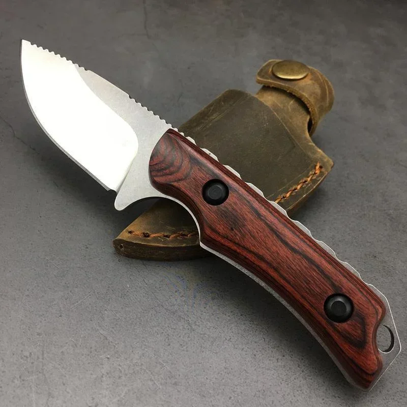 BM 15017 Fixed Blade Knife Drop Point Wood Handle with Leather Sheath EDC Outdoor Camping Portable Multitool Hand EDC Knives