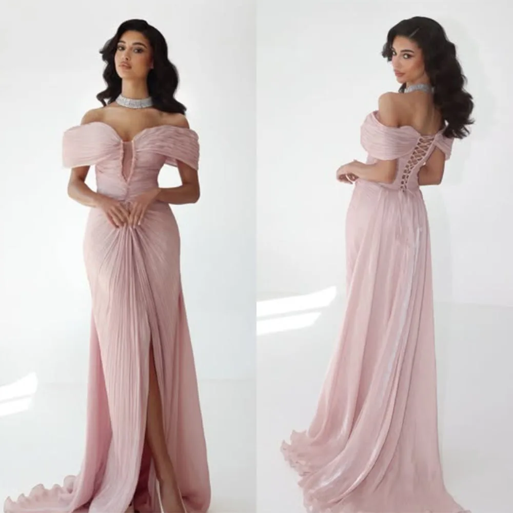 

High Quality Customized V-neck Pink High Fork Floor Length Off Shoulder Back Strap Wrinkle Sweep Train Kate Middleton Dress