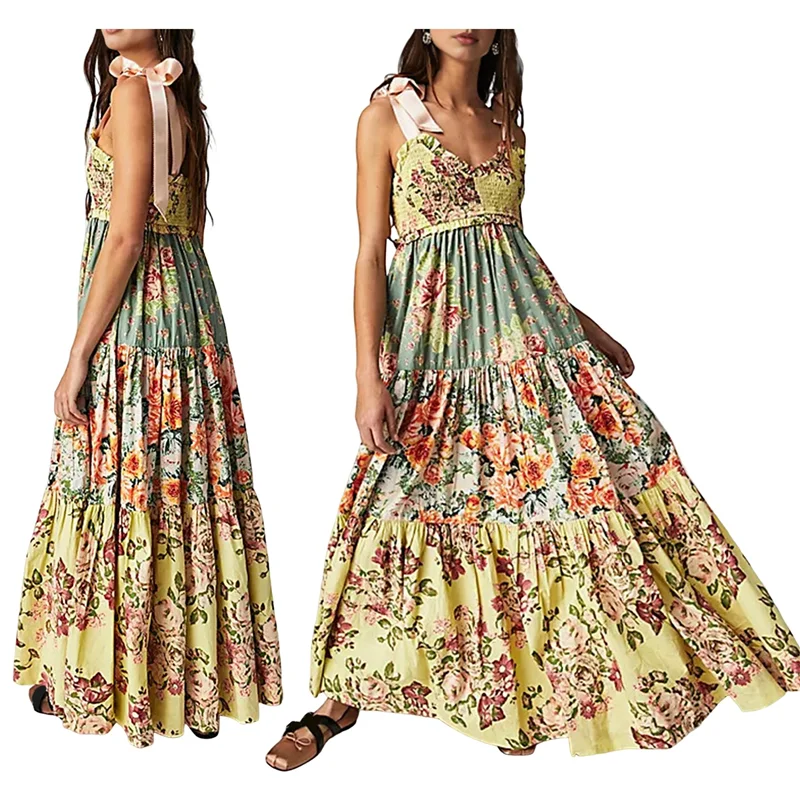 Abito estivo Boho floreale da donna con cravatta sulla spalla, patchwork smockato, maxi abiti fluidi con tasche, autunno-A55G estivo