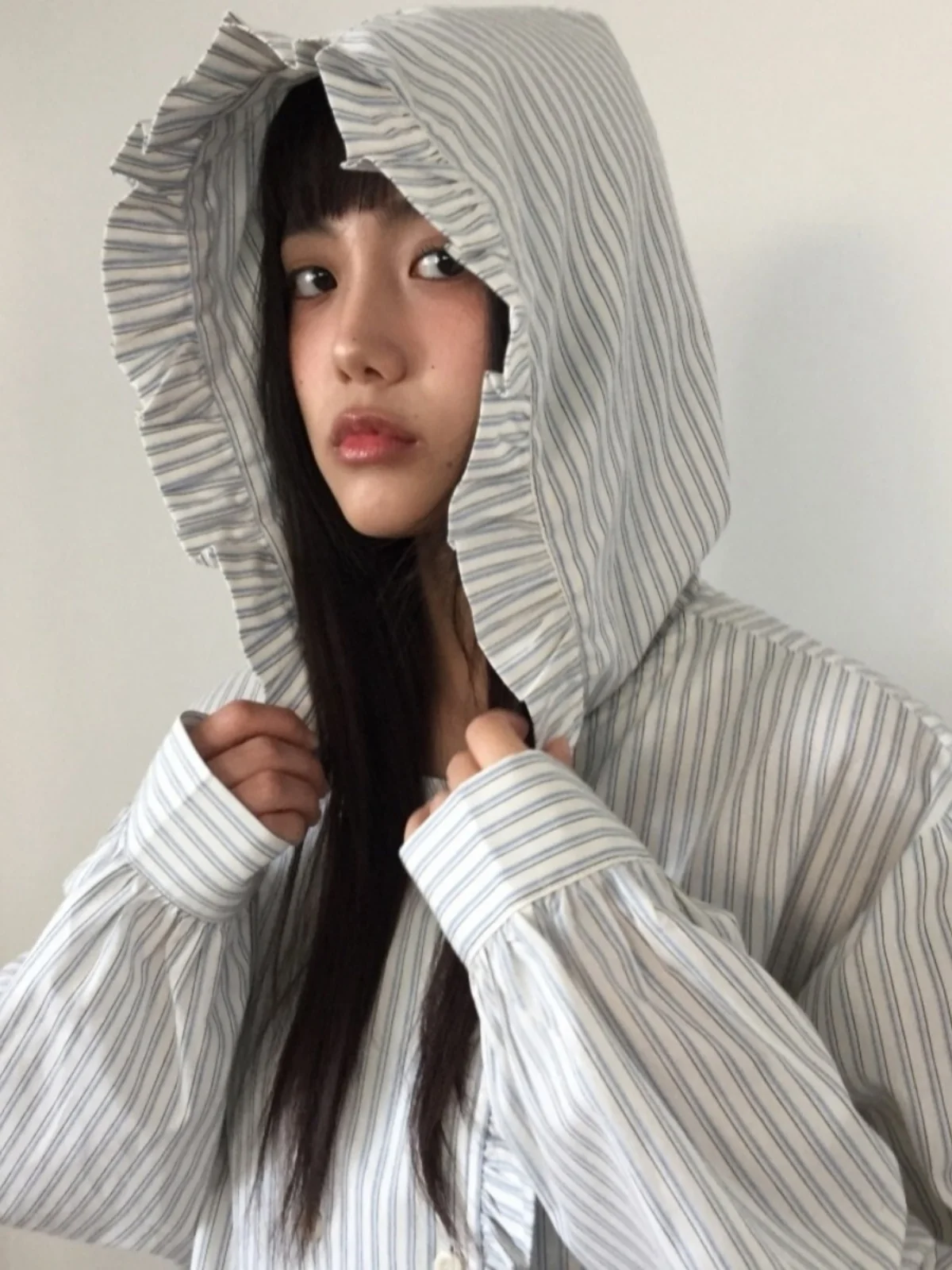 

Women's Anti-Uv Loose Striped irt with Hood Double Row Buttons Faionable Thin Outerwear Korean Sle Long Sve Top