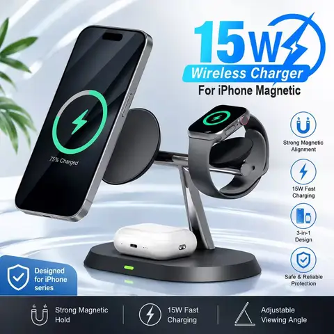 Carregador Magnético Sem Fio 3 em 1 para Magsafe iPhone 16/15/14/13/12, Apple Watch 8/7 e Airpods Pro, Estação de Carregamento Rápido