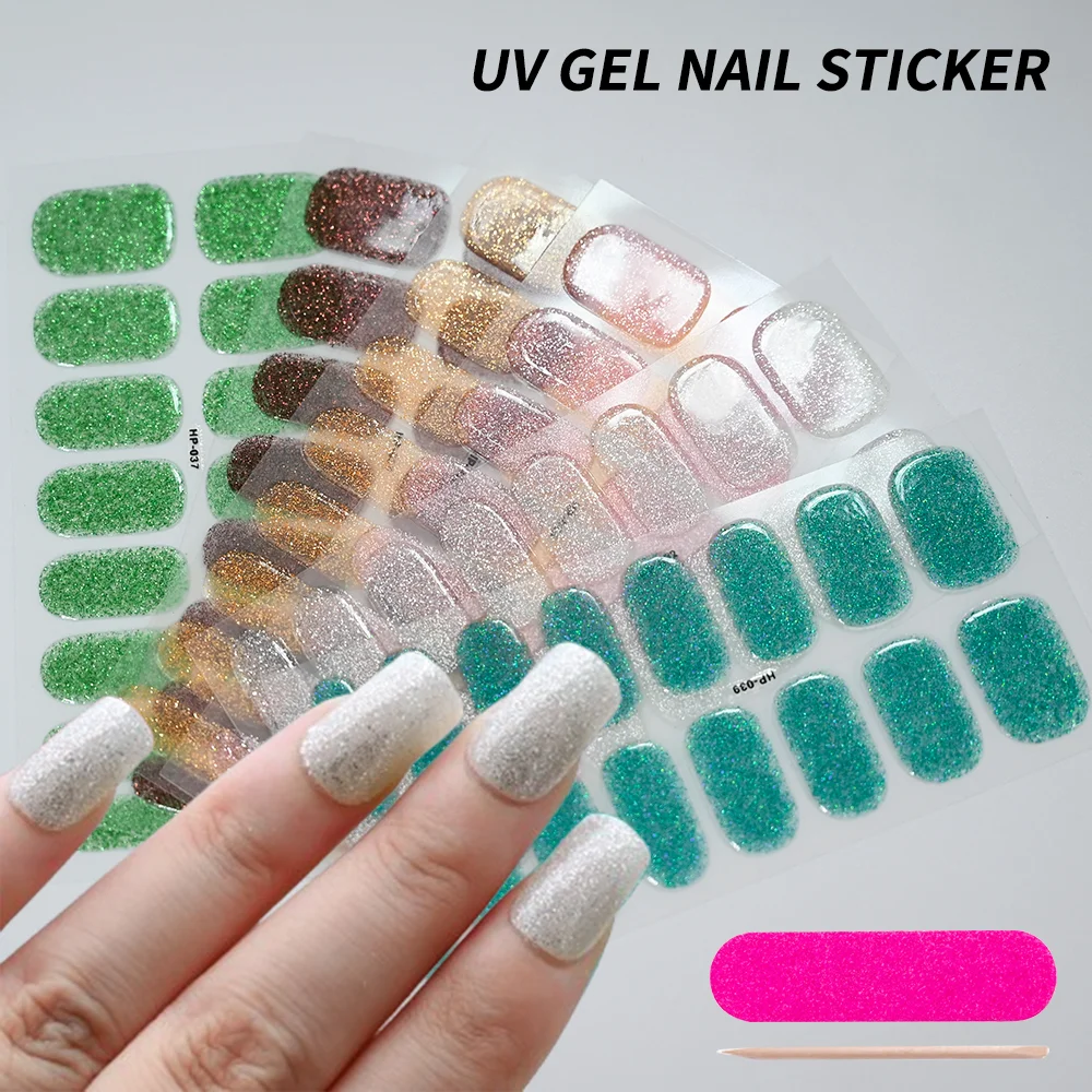 16Tips Sliver Glitter UV Gel Nail Stickers Full Cover Semi Cured Gel Nail Wraps LED Lamp Needed Long-Lasting Nail Polish Patch #