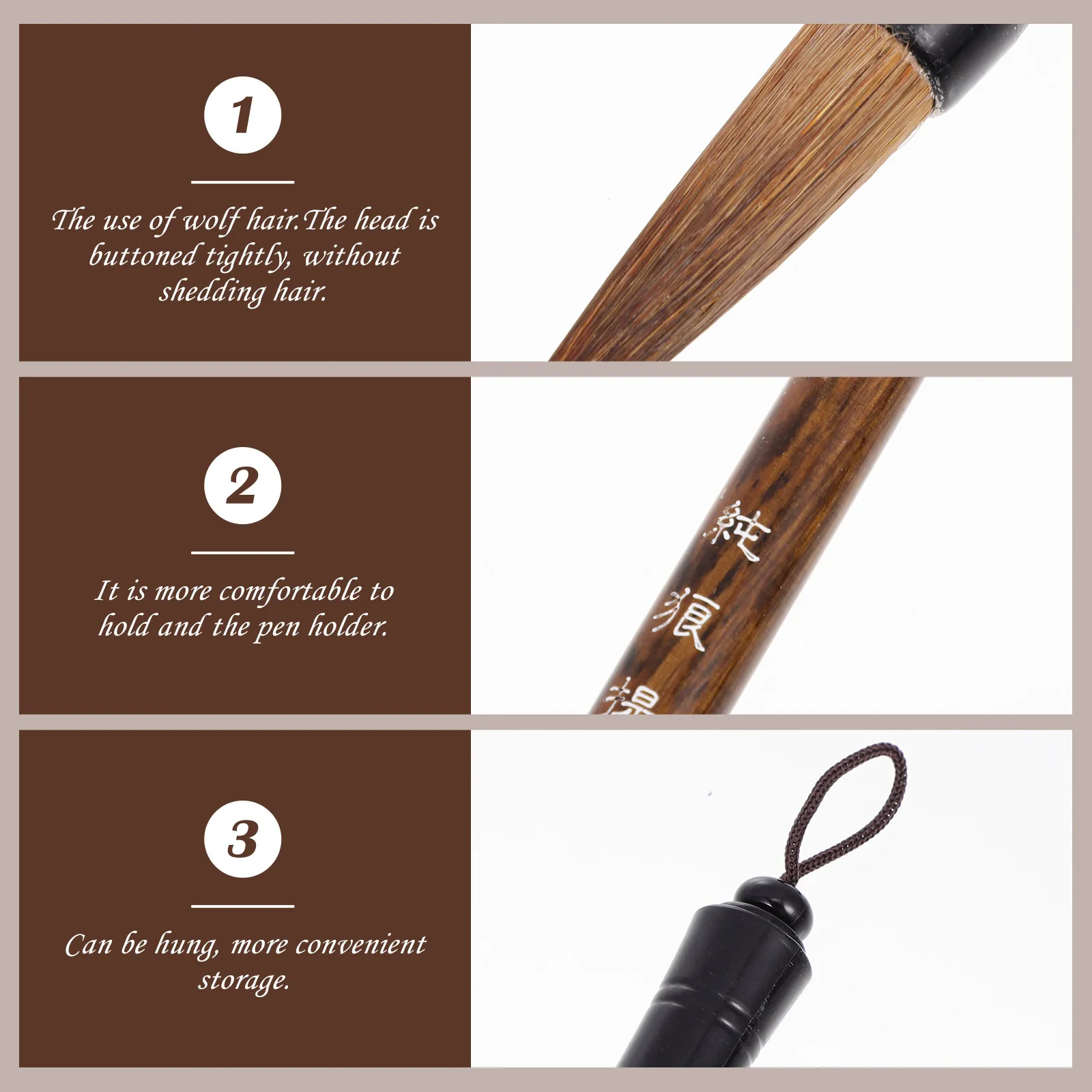 

3Pcs Pure Wolf Hair Chinese Calligraphy Brush Set Smooth Rounded Comfortable for Calligraphy Painting and Drawing