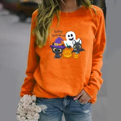 Halloweenowy kot dynia nietoperz duch nadruk graficzny bluza damska szczęśliwy Halloween Casual sweter z długim rękawem i okrągłym dekoltem damski