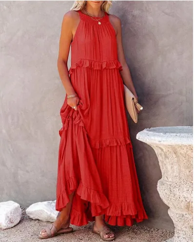 

Loose O-neck Backless Lace-up Dress Women Fashion Sleeveless Big Hem Spliced ​​ruffle Long Dress Spring New Casual Dresses