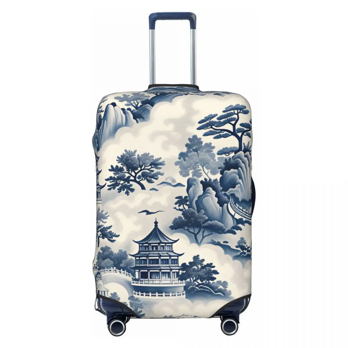 Custom Chinoiserie Blue White Pagoda Mountain Landscape Luggage Cover Protector Travel Suitcase Protective Cover for 18-32 Inch