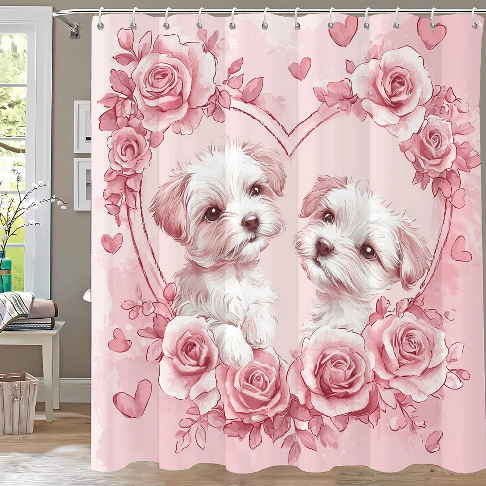 1pc Lovely Puppy Shower Curtain,Bathroom Decorative Dog Shower Curtains, Printed Polyester Home Curtain with Hooks