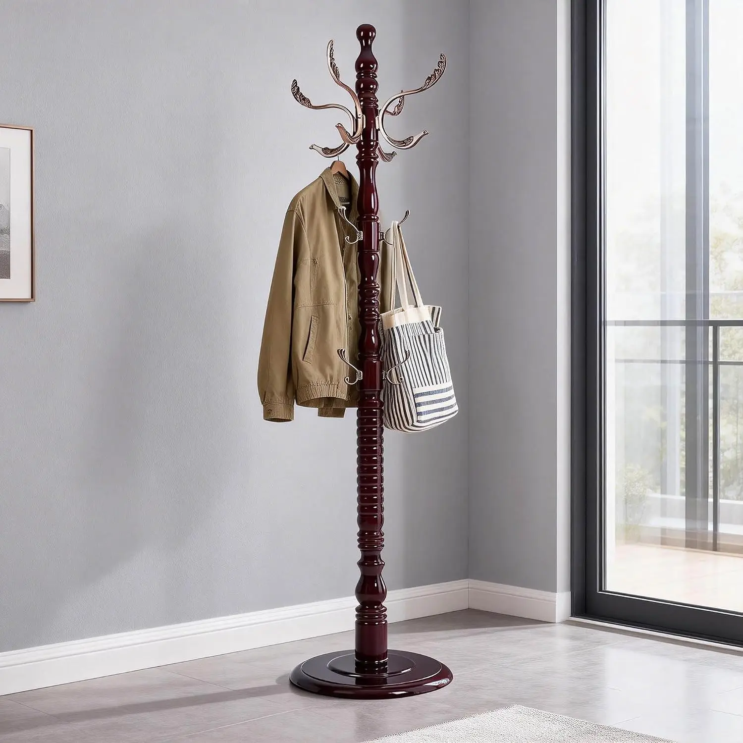 Wooden Coat Rack Freestanding 20 Hooks Adjustable Height Heavy Duty Entryway Solid Wood Hanger Stand Office Bedroom, Customized