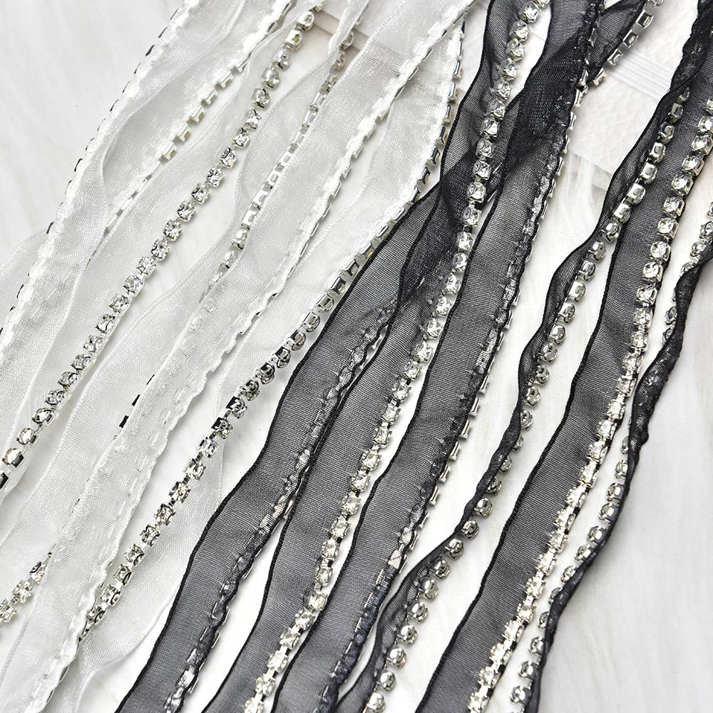 Unilateral Rhinestone Claw Chain White and Black Mesh Lace Trim Crystal Sew on Ribbon for Clothes Collar Shoes Decoration