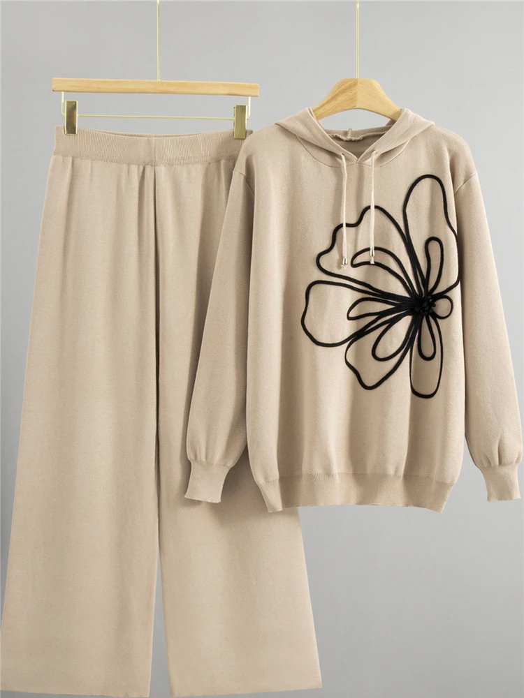 Faionable Casual Gestrickte Pullover Und Breite Bein Hosen Set frauen Abnehmen Zwei Stück Ensemble Herbst Winter Neue Ankunft