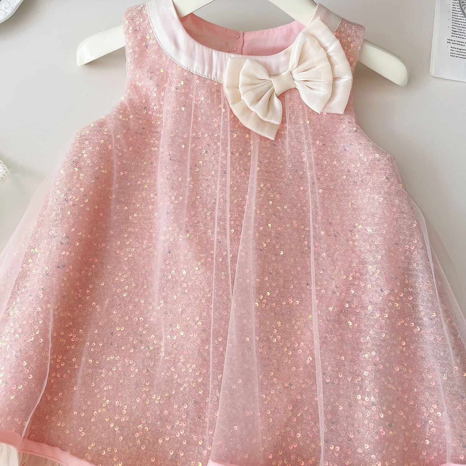 New Summer Girls Dress Chiffon+Bows+pangle Ribbon A-Line dress Sweet Princess Dress Birthday Party Team 2-8 Years