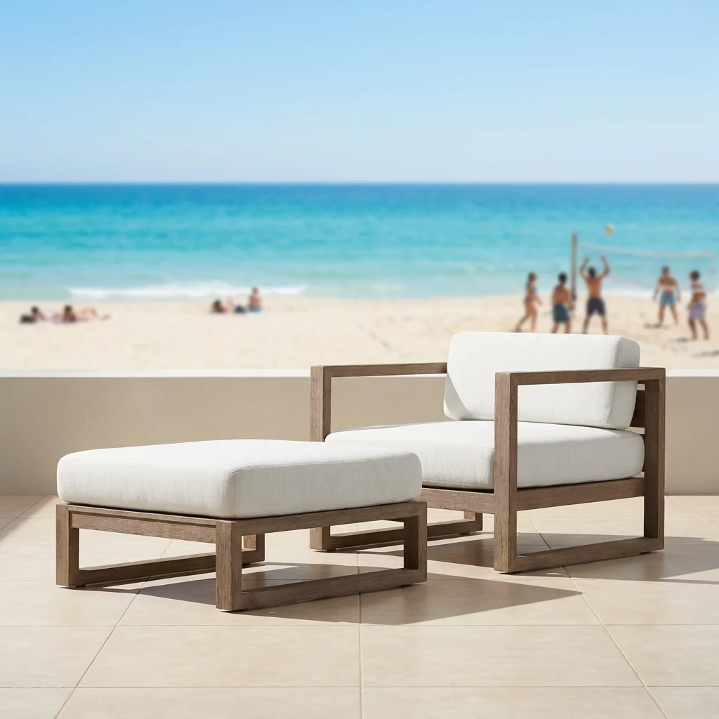 

Современный комплект садовой мебели для балкона: кресло-оттоманка и диван с боковым открытием, из тикового дерева, для улицы