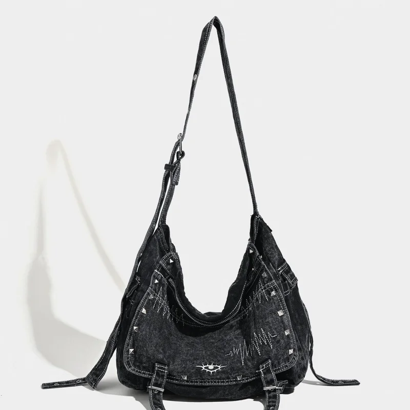 

Large Capacity Tote Bag Water Washed Denim Fabric Bag Autumn Winter Niche Design Rivet Commuter Crossbody Big Bag