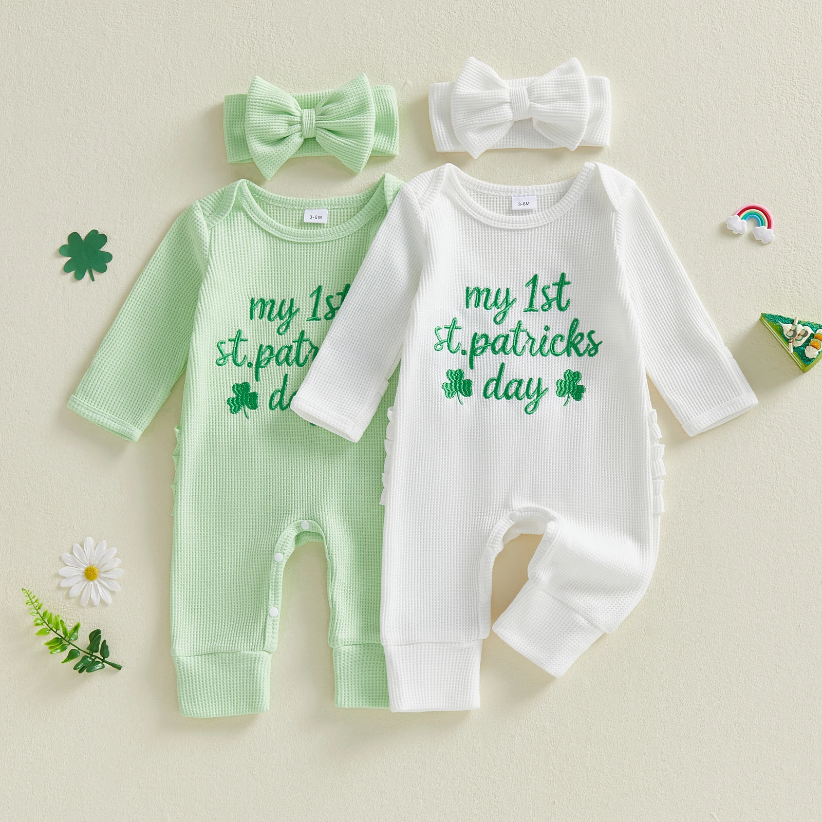 

Комбинезоны для маленьких девочек, ирландская одежда, клеверная вышивка букв, длинные рукава, круглый вырез, боди для младенцев, комбинезоны с повязкой на голову