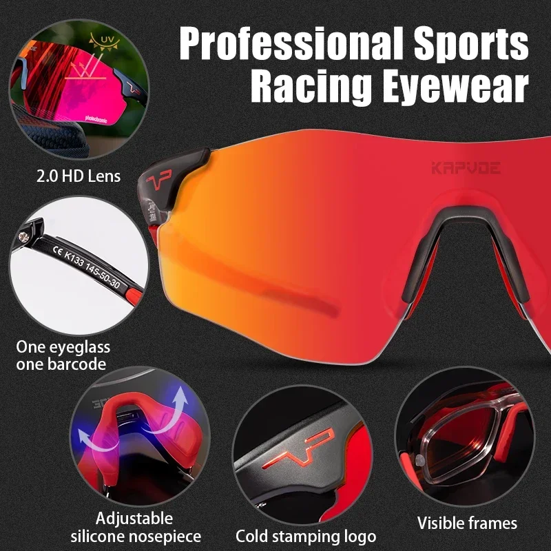 Kapvoe New Men\'s MTB Red Photochromic Cycling Glasses UV400 Sports Sunglasses Bike Bicycle Glasses Blue Road Running Goggles