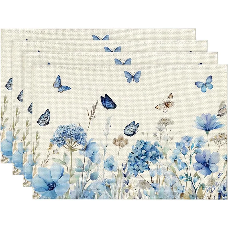 4Pcs, Hydrangea Wildflower Placemats, Washable, Suitable for Holiday Parties, Home Decor, Kitchen Countertops, Rectangular Dining