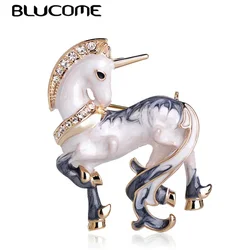 Blucome Newest White Horse Shape Brooch Gold Color Texture Enamel Brooches For Men Boys Coat Collar Sweater Animal Jewelry Pins