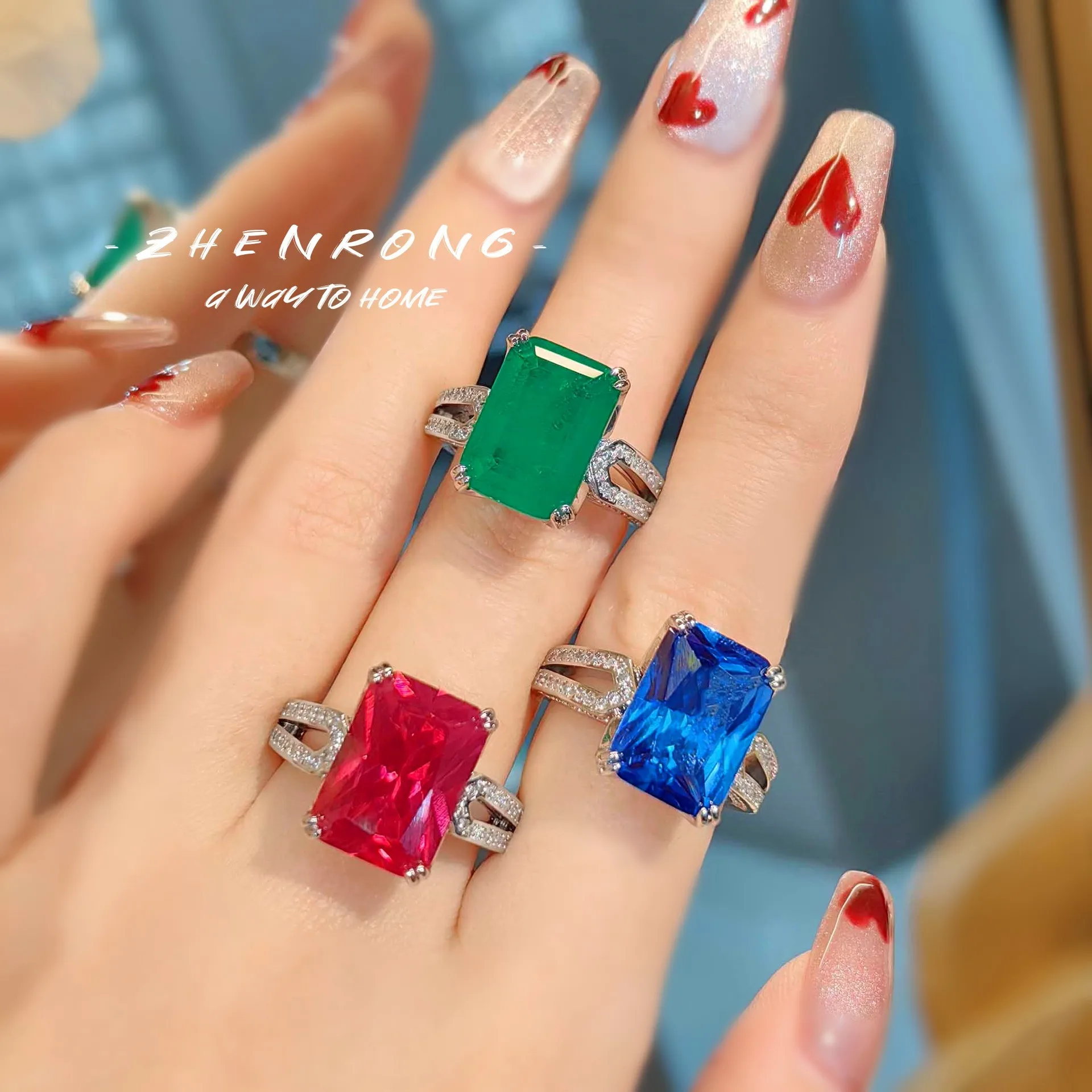 S925 Sterling Silver Ring Large Carat Belt Cotton Emerald Ring Red Corundum Women's Diamond Blue Tip Crystal Band