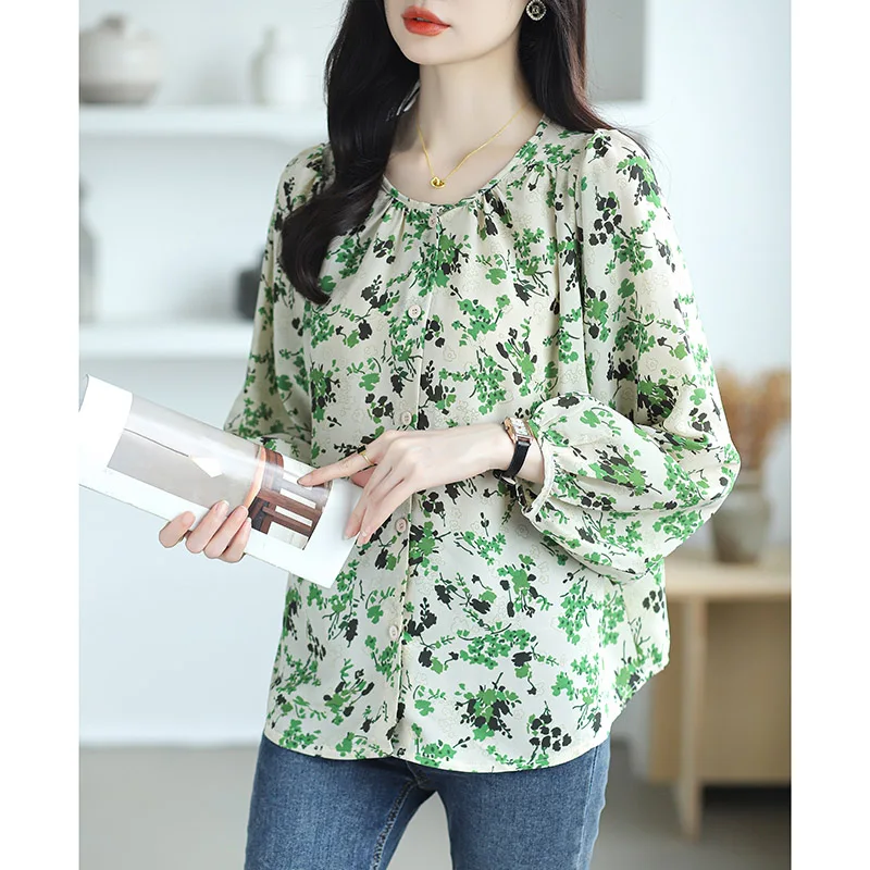 Autumn New Chic Print Long Sleeve Chiffon Shirt Women Clothing Casual Loose O-neck Button Blouses All-match Elegant Sweet Tops