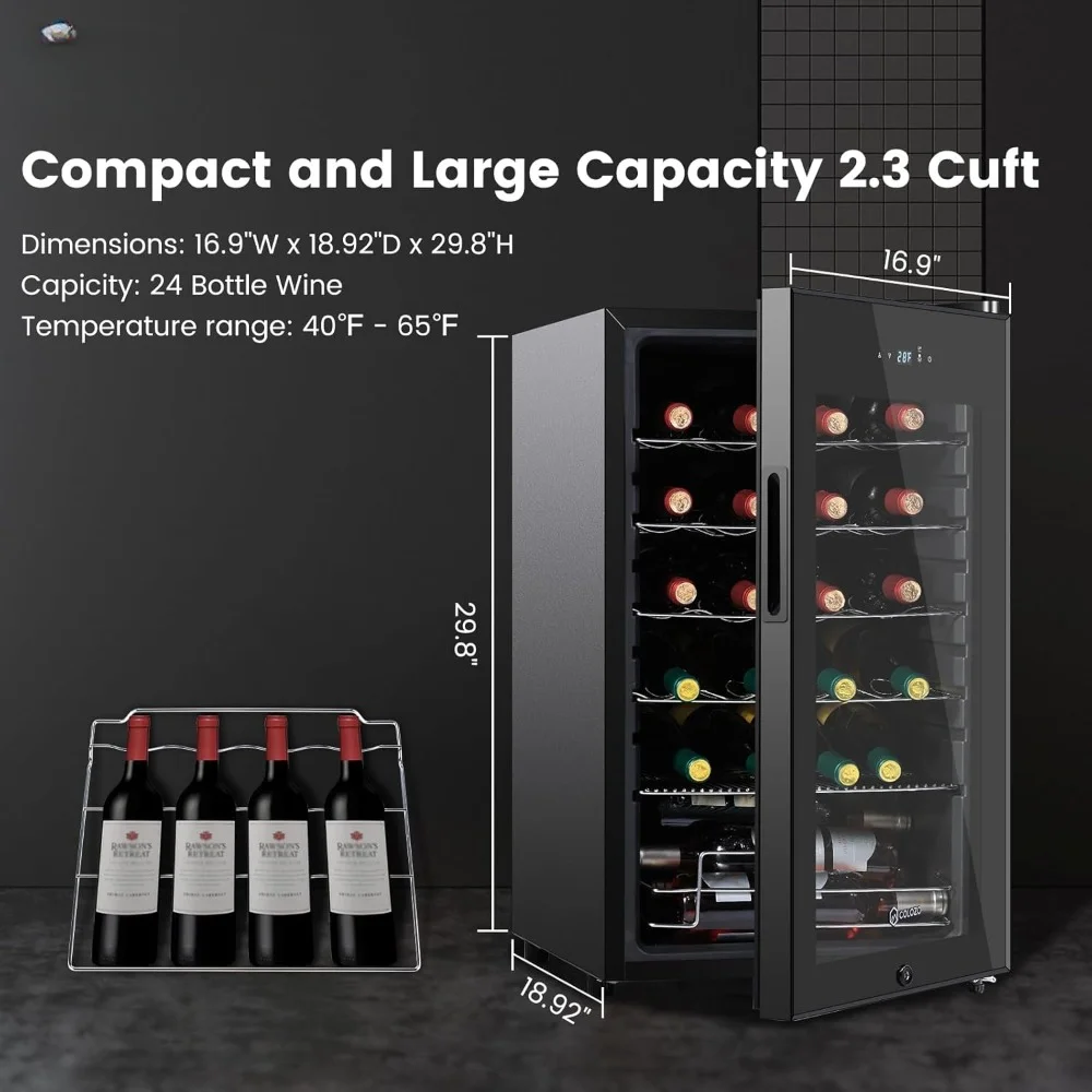 Double-Layer Tempered Glass Door Wine Cooler, Refrigerador Independente, Bancada, 24 Garrafas, 17"