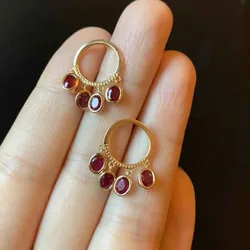 Vintage style red gemstone circular tassel earrings for women creative charm stud earings banquets light luxury wear jewelry