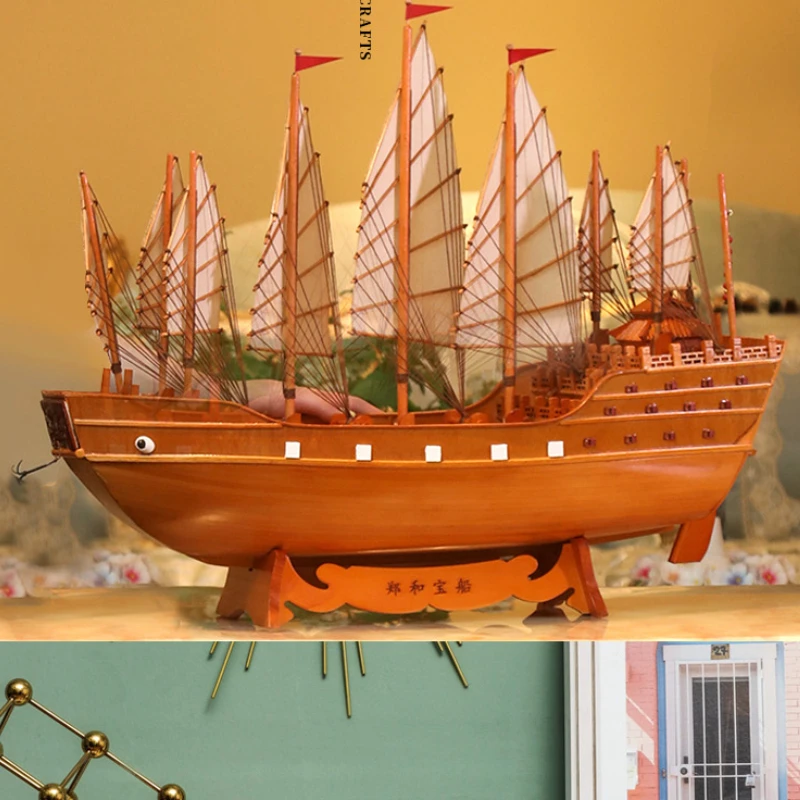 Sailboat Model Ornaments Zheng He Treasure Ship Wooden Simulation Ship Creative Decorations Wooden Boat Gift Boat Ornaments