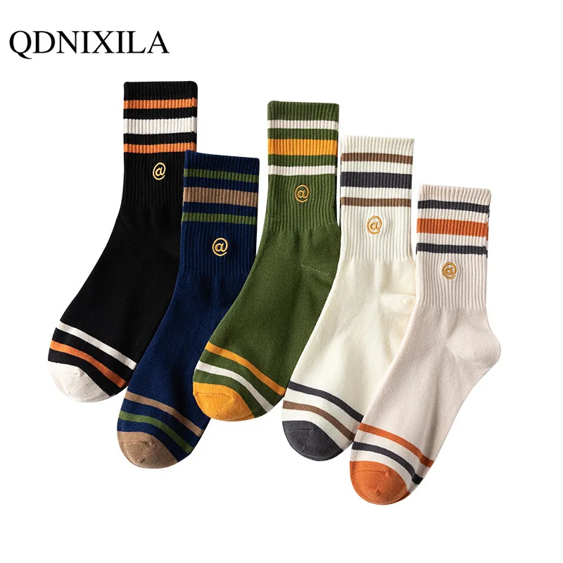 

5 Pairs Stripe Men's Socks 2024 New Spring and Autumn Cotton Sweat-absorbing Sports Socks Mid-calf Embroidery Long Socks for Men