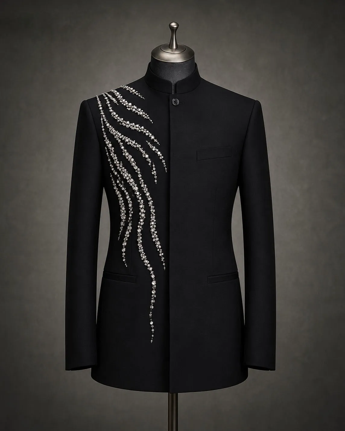 Elegant Black Mandarin Collar Men's Tuxedo Jacket with Asymmetrical Rhinestone Curved Lines Stage Performance Customized M264566 view 2